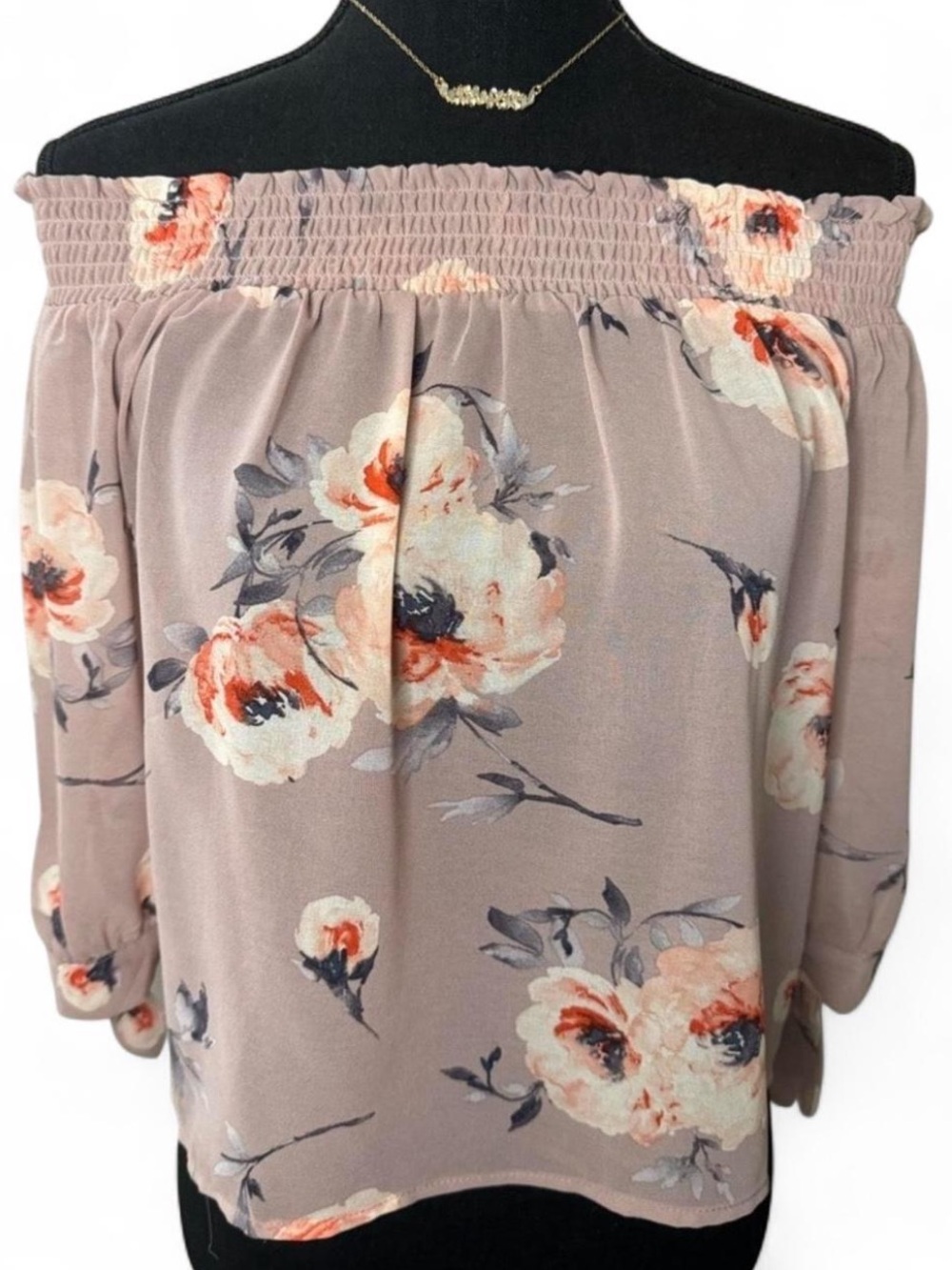 Romantic Dusty Mauve Floral Smocked Off the Shoulder Blouse Tie Sleeve